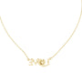 Yellow gold script LOVE necklace with round center stone and diamond accents, front view