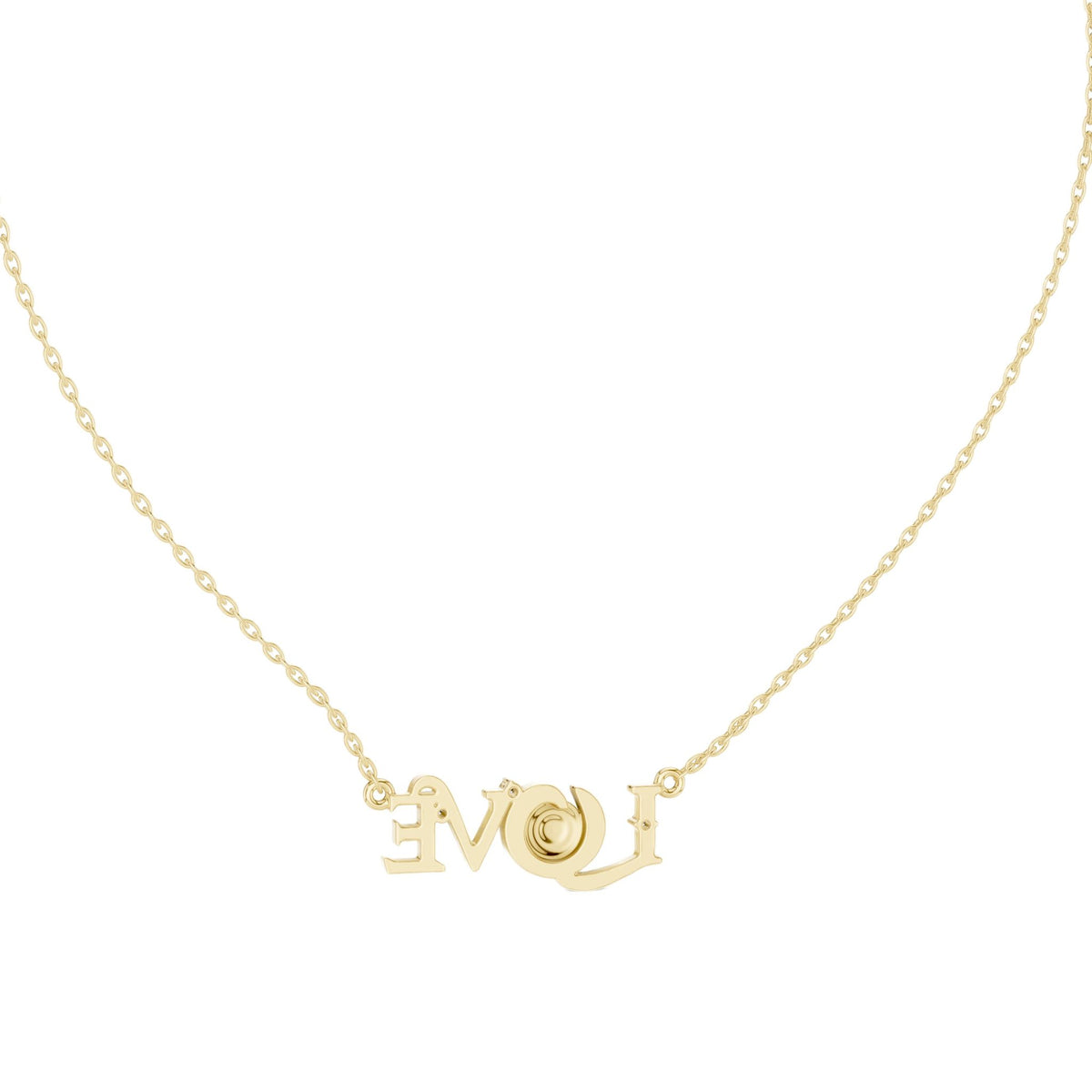 Yellow gold script LOVE necklace with round center stone and diamond accents, front view