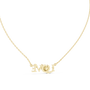 Yellow gold script LOVE necklace with round center stone and diamond accents, front view