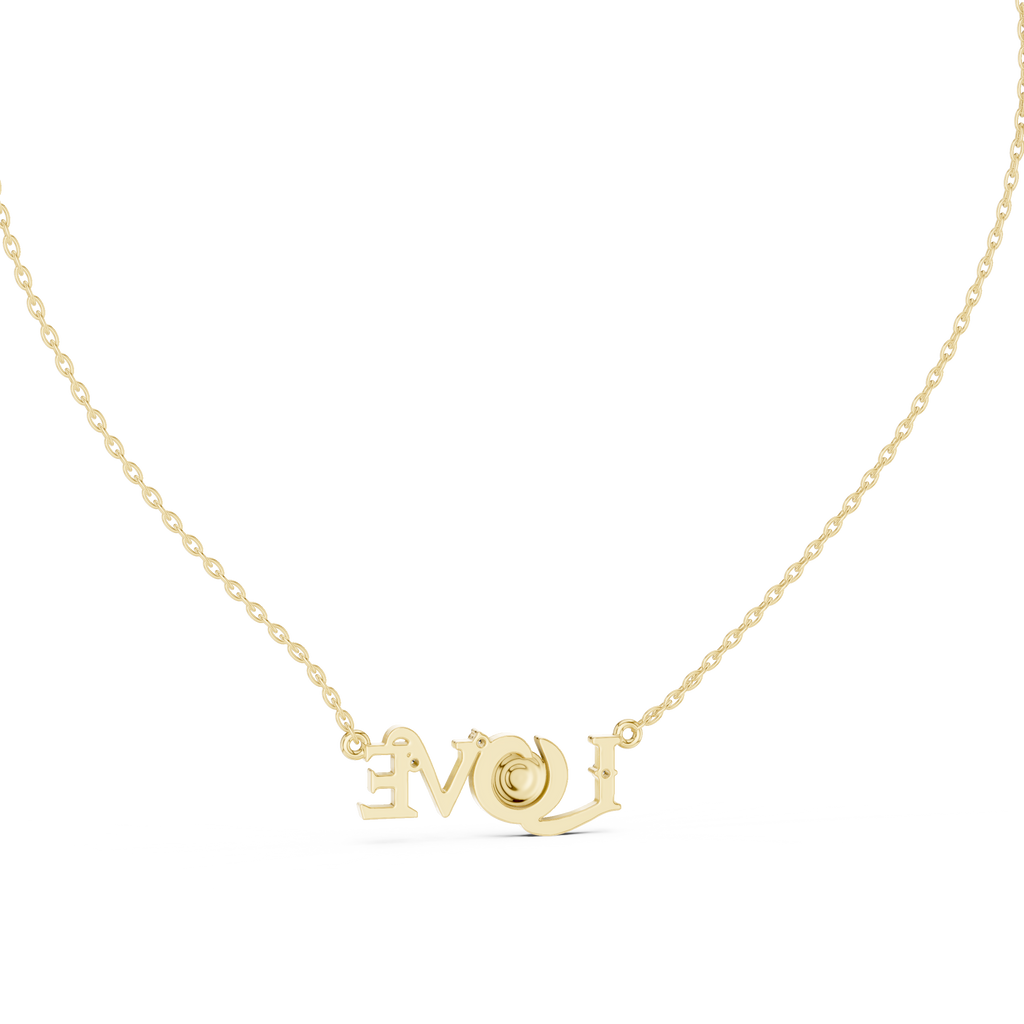 Yellow gold script LOVE necklace with round center stone and diamond accents, front view
