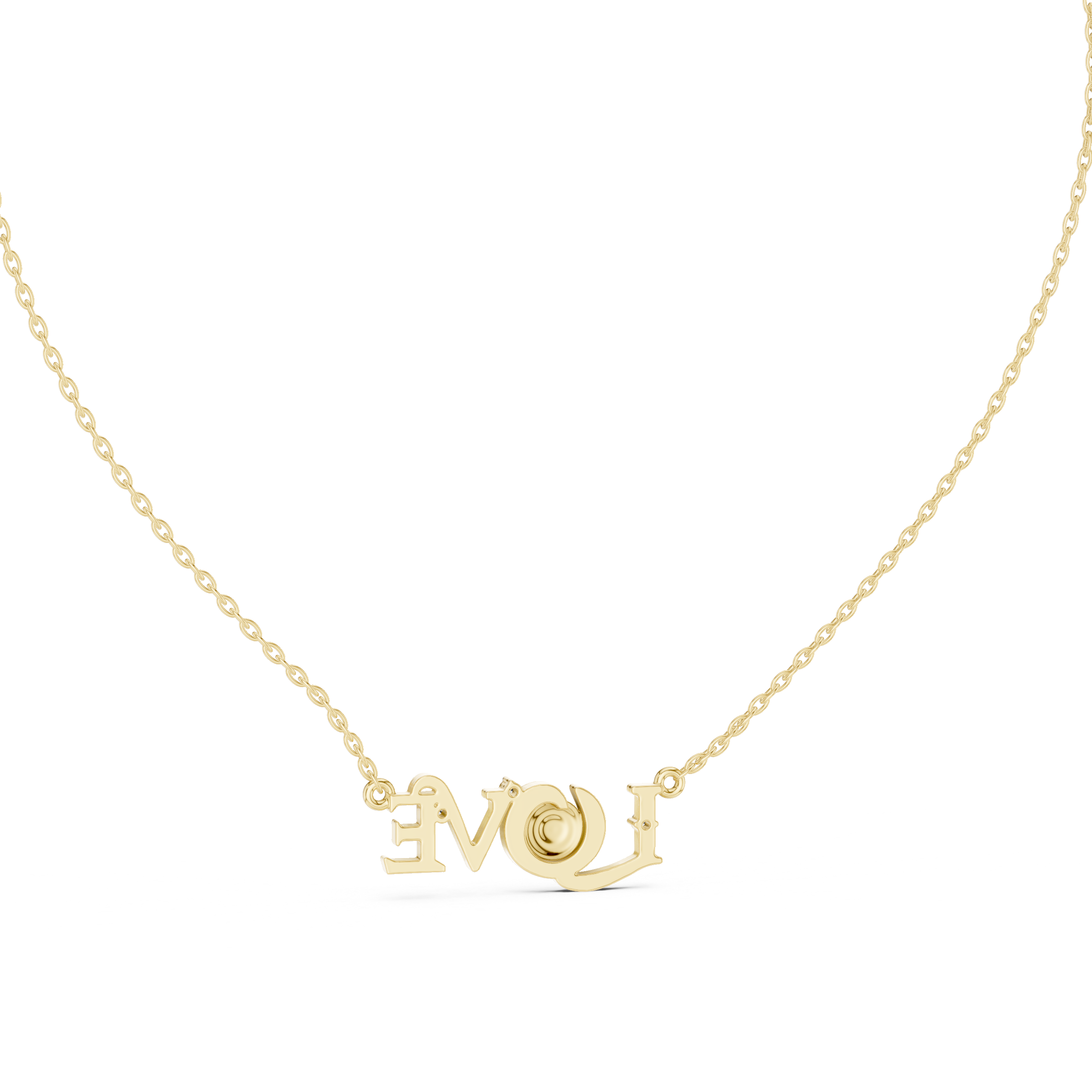 Yellow gold script LOVE necklace with round center stone and diamond accents, front view