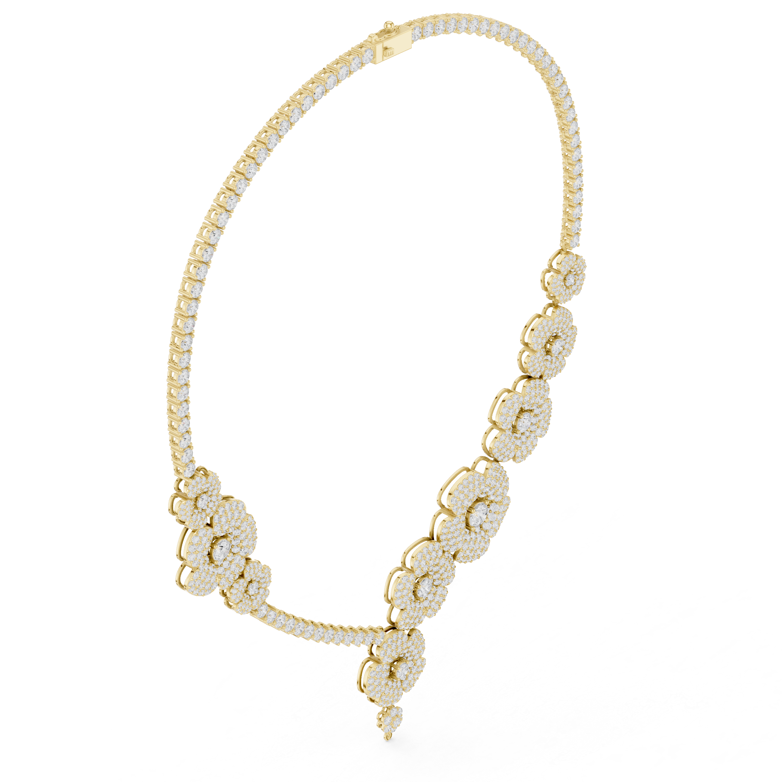 Yellow gold diamond floral drop necklace with clustered round pavé flower motifs
