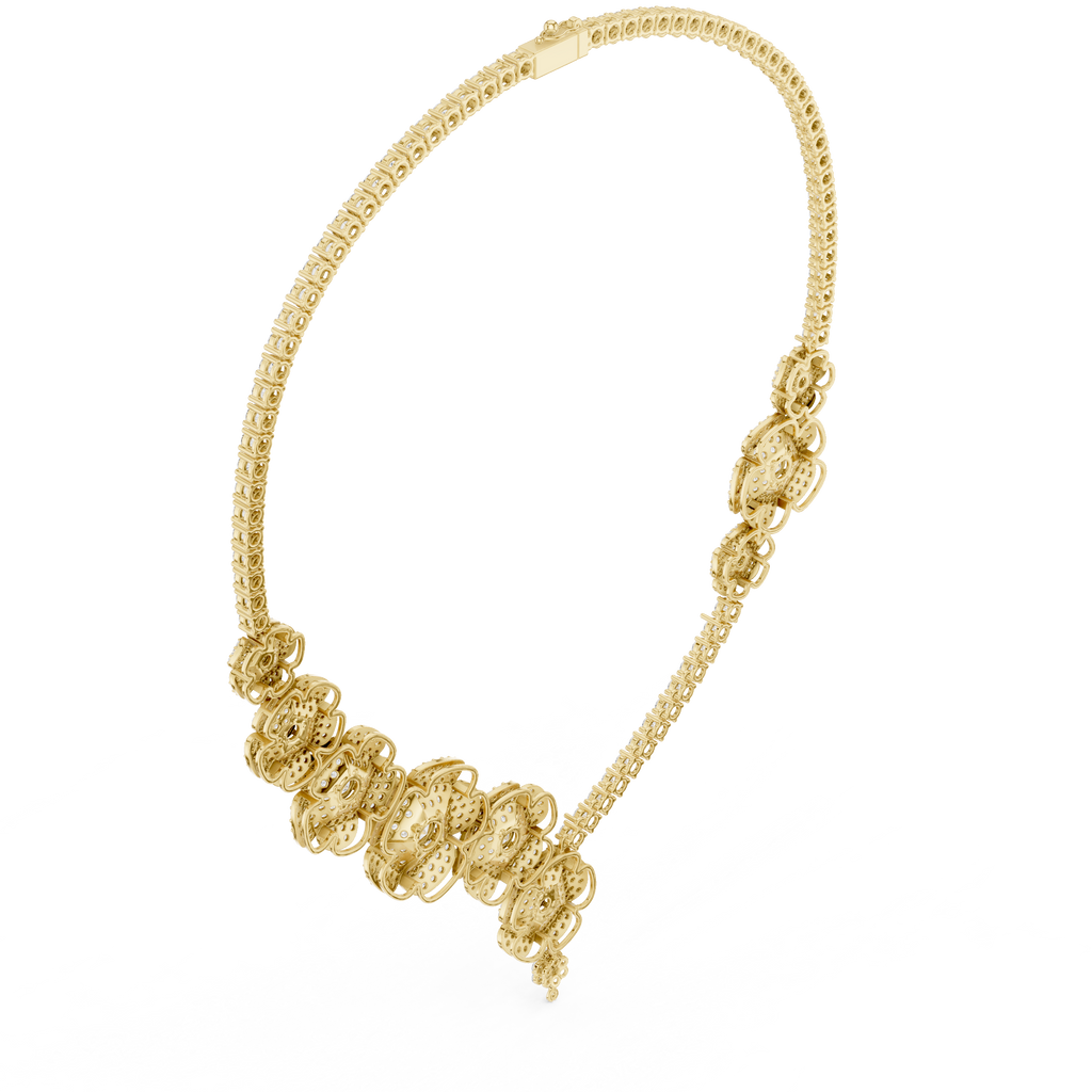 Yellow gold diamond floral drop necklace with clustered round pavé flower links