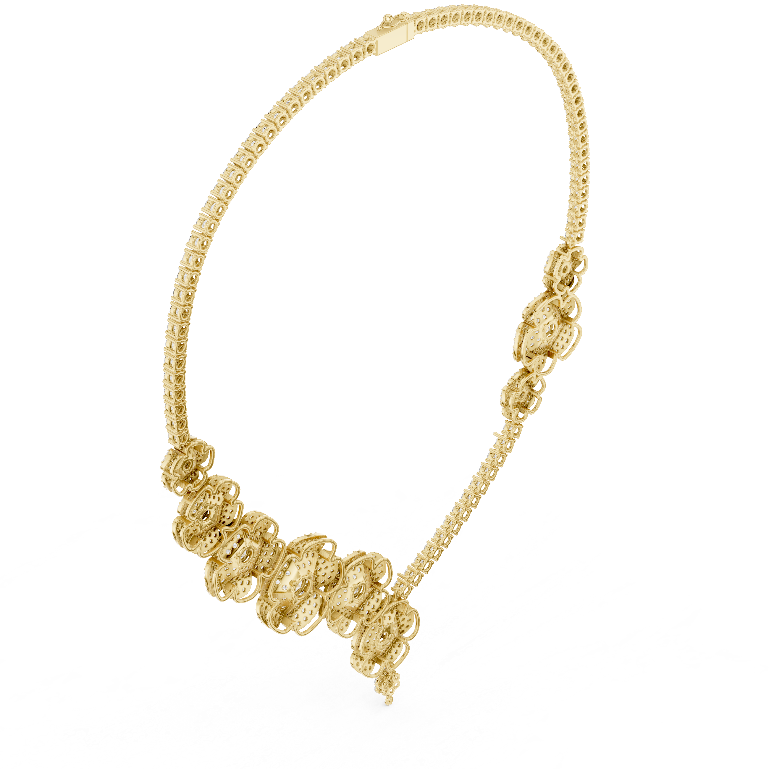 Yellow gold diamond floral drop necklace with clustered round pavé flower links
