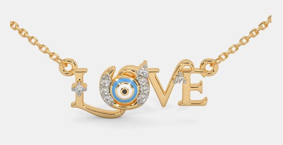 Yellow gold script LOVE necklace with round multicolor center stone and diamond accents
