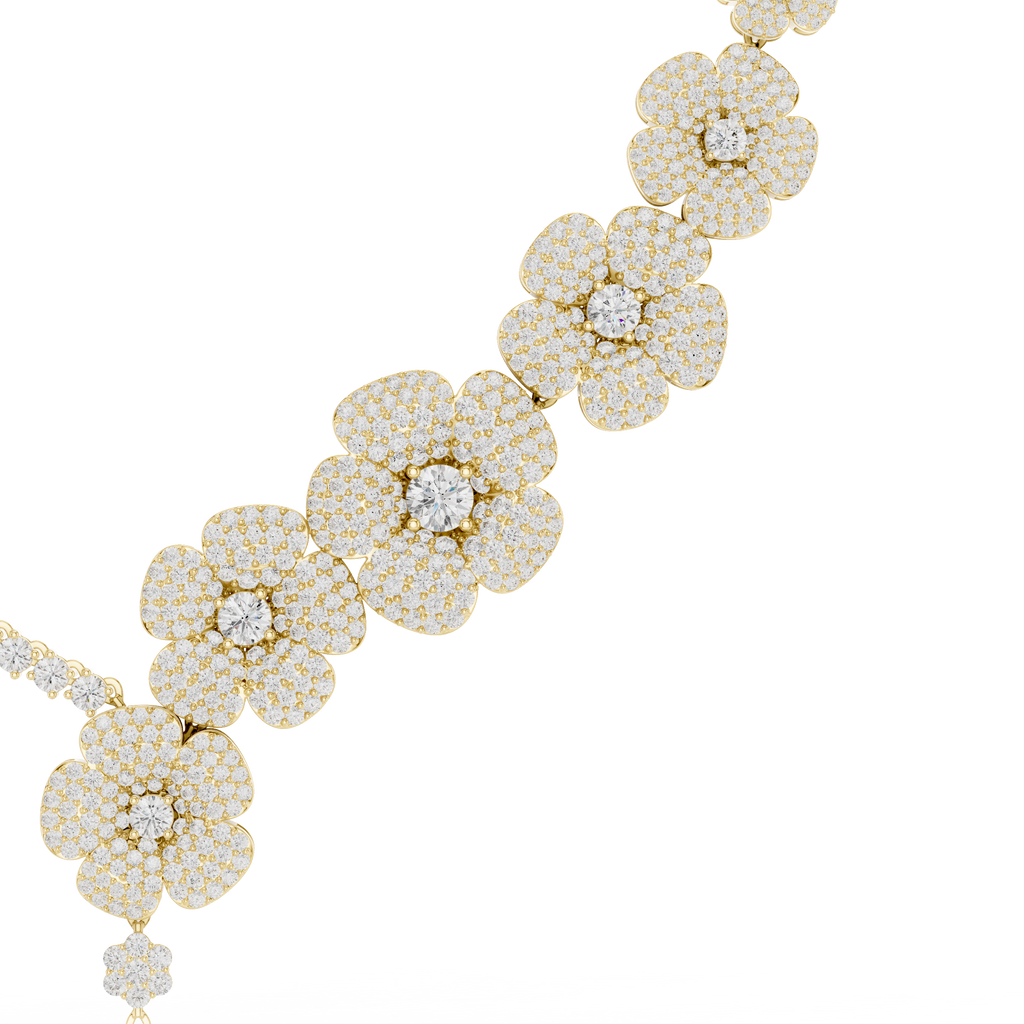 Diamond floral drop necklace with clustered round pavé flower motifs, yellow gold