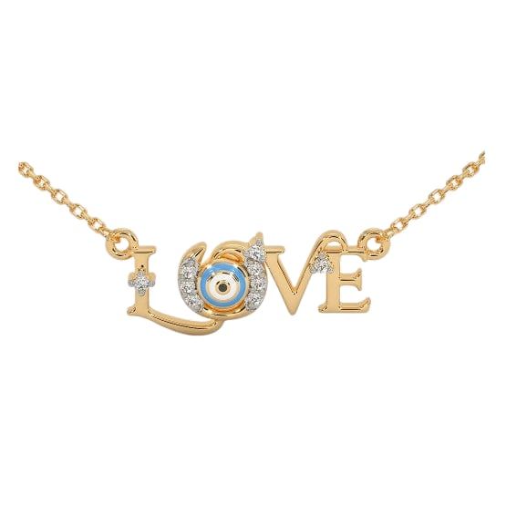 Yellow gold script LOVE necklace with round multicolor center stone and diamond accents