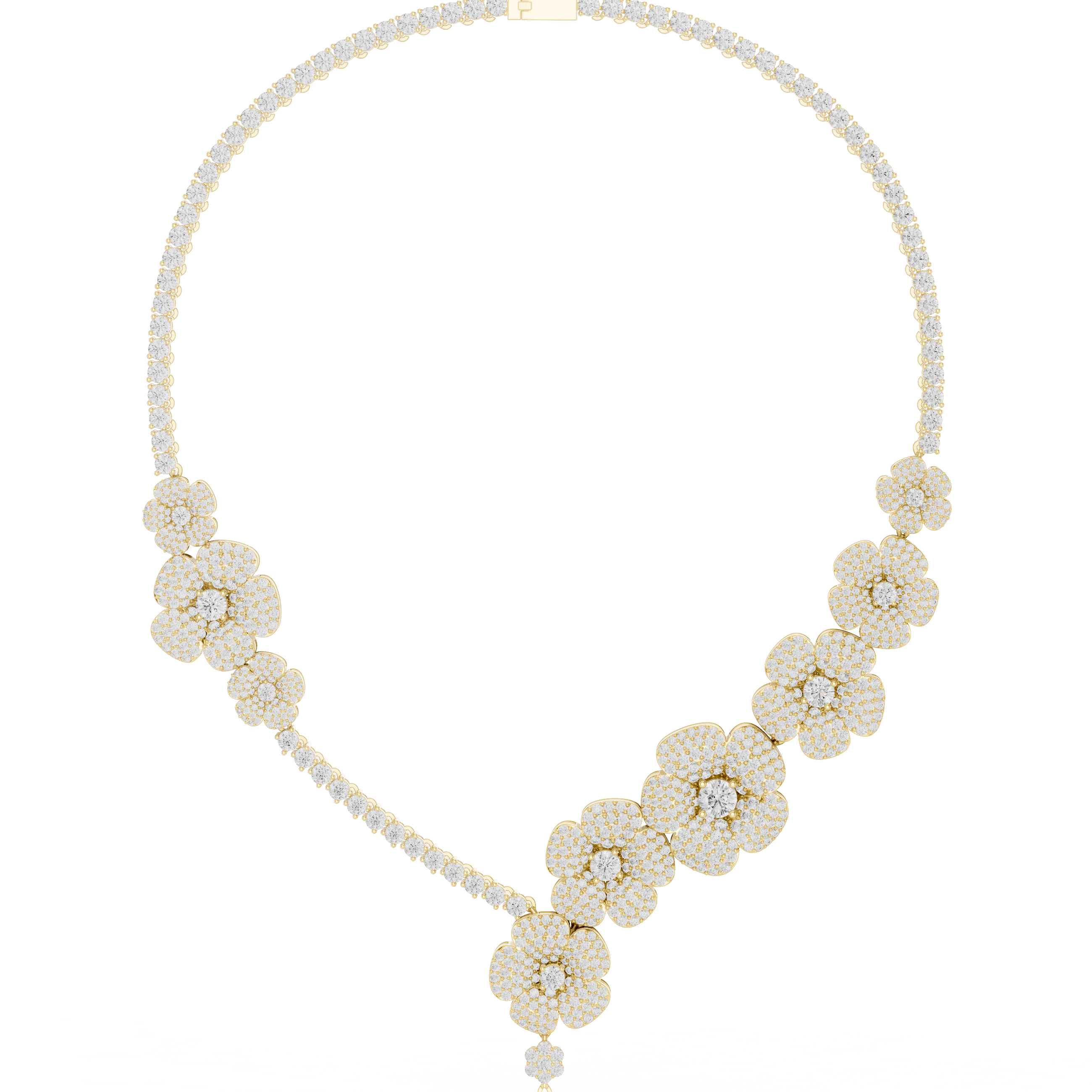 Gold diamond floral drop necklace with clustered round pavé flower motifs and chain