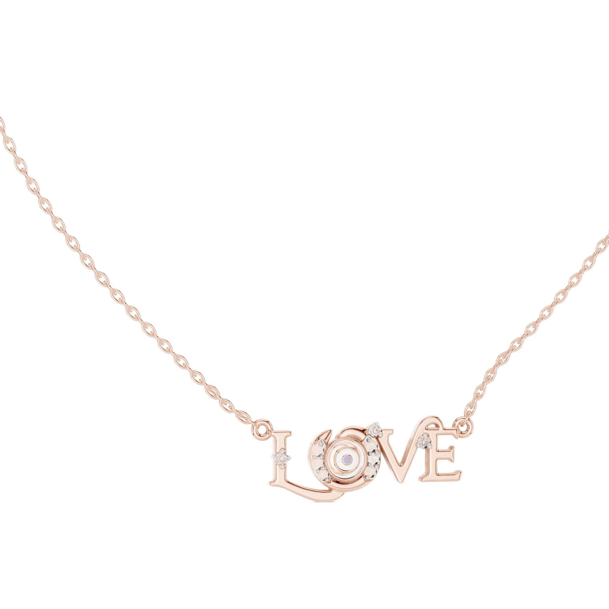 Rose gold LOVE script diamond accent necklace, round diamond bezel pendant