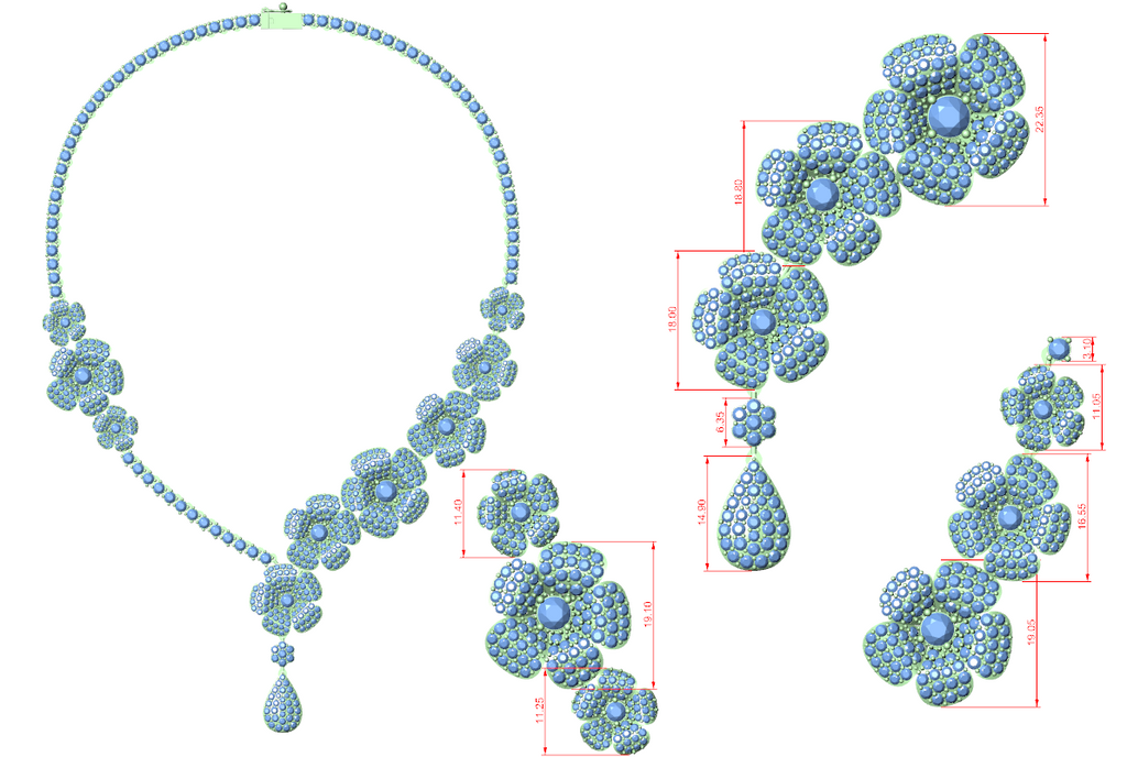 Necklace design diagram with blue gemstone clusters and connector shapes
