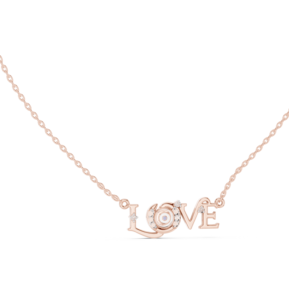 Rose gold LOVE script diamond accent necklace, round diamond bezel pendant