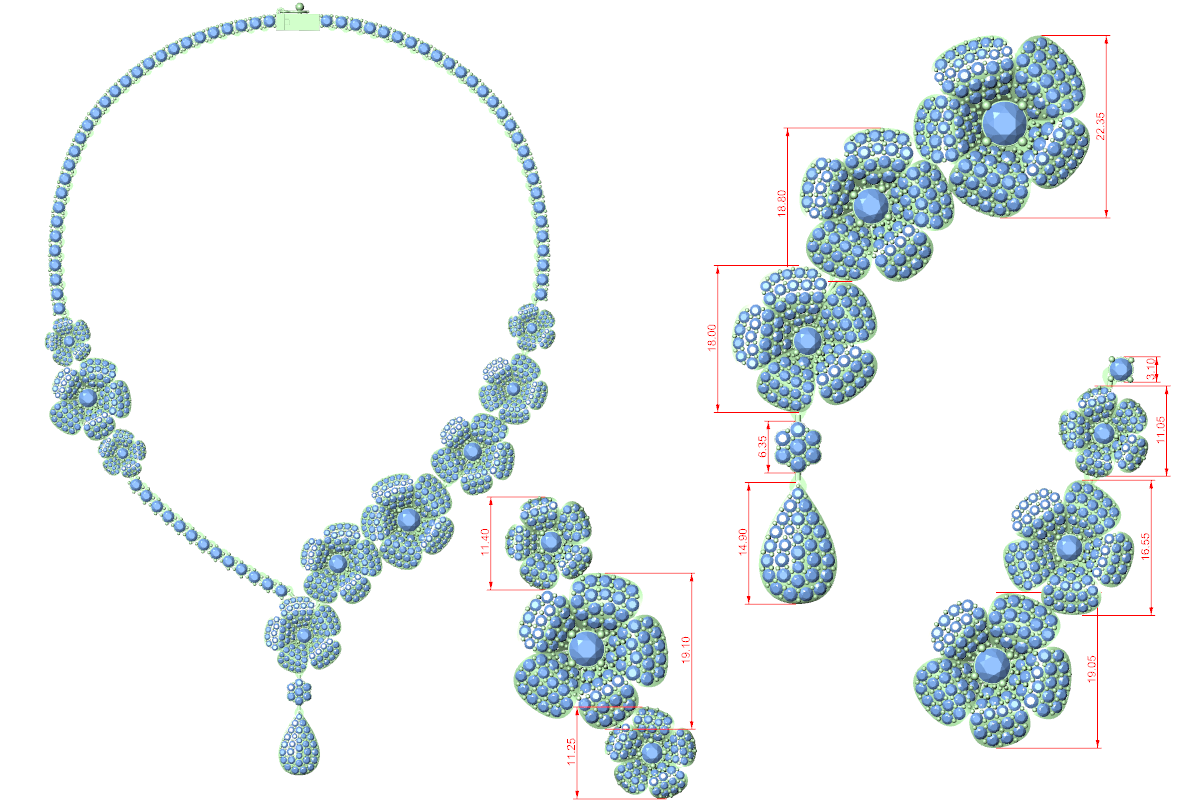 Necklace design diagram with blue gemstone clusters and connector shapes