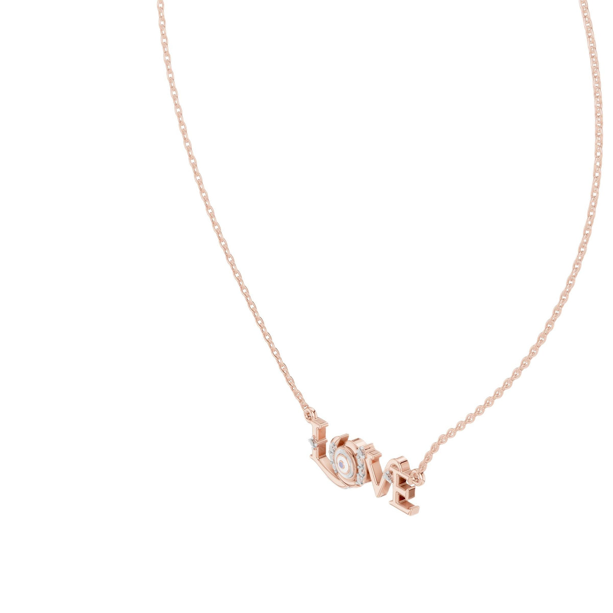 Rose gold LOVE script necklace pendant detail with round diamond accents