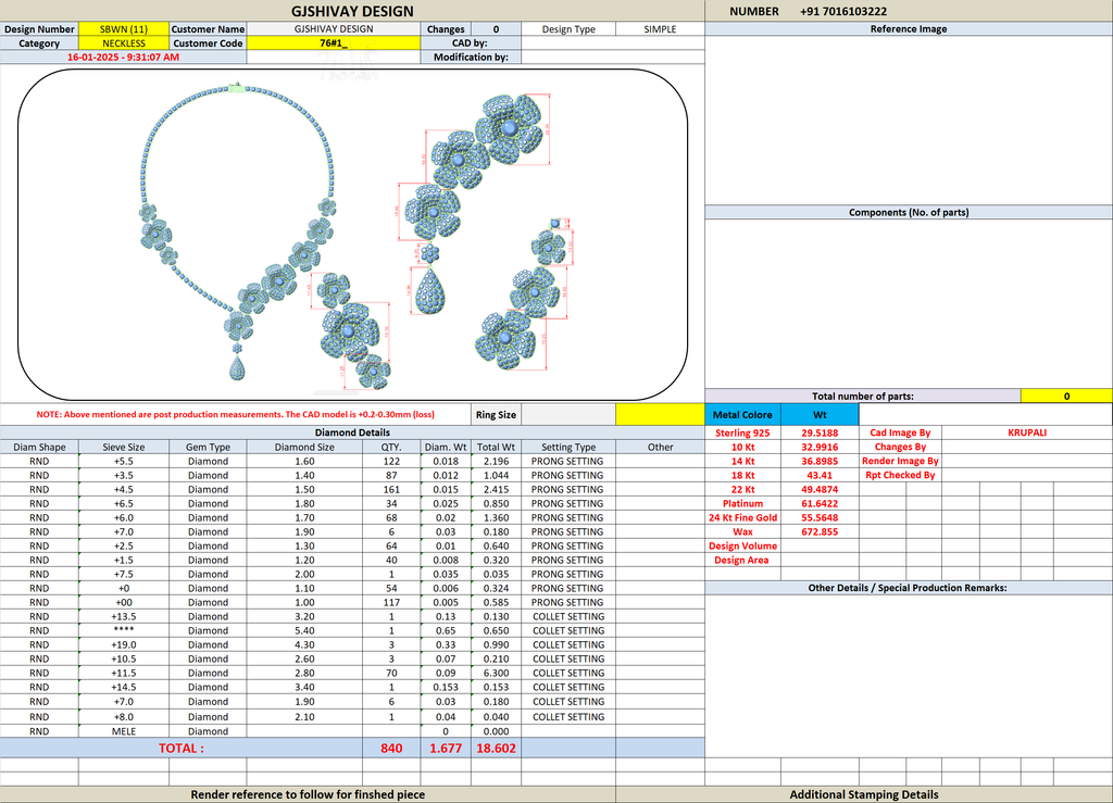 Necklace design layout sheet with diamond components and dimensions table