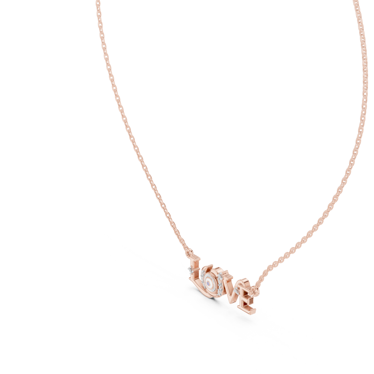 Rose gold LOVE script necklace pendant detail with round diamond accents