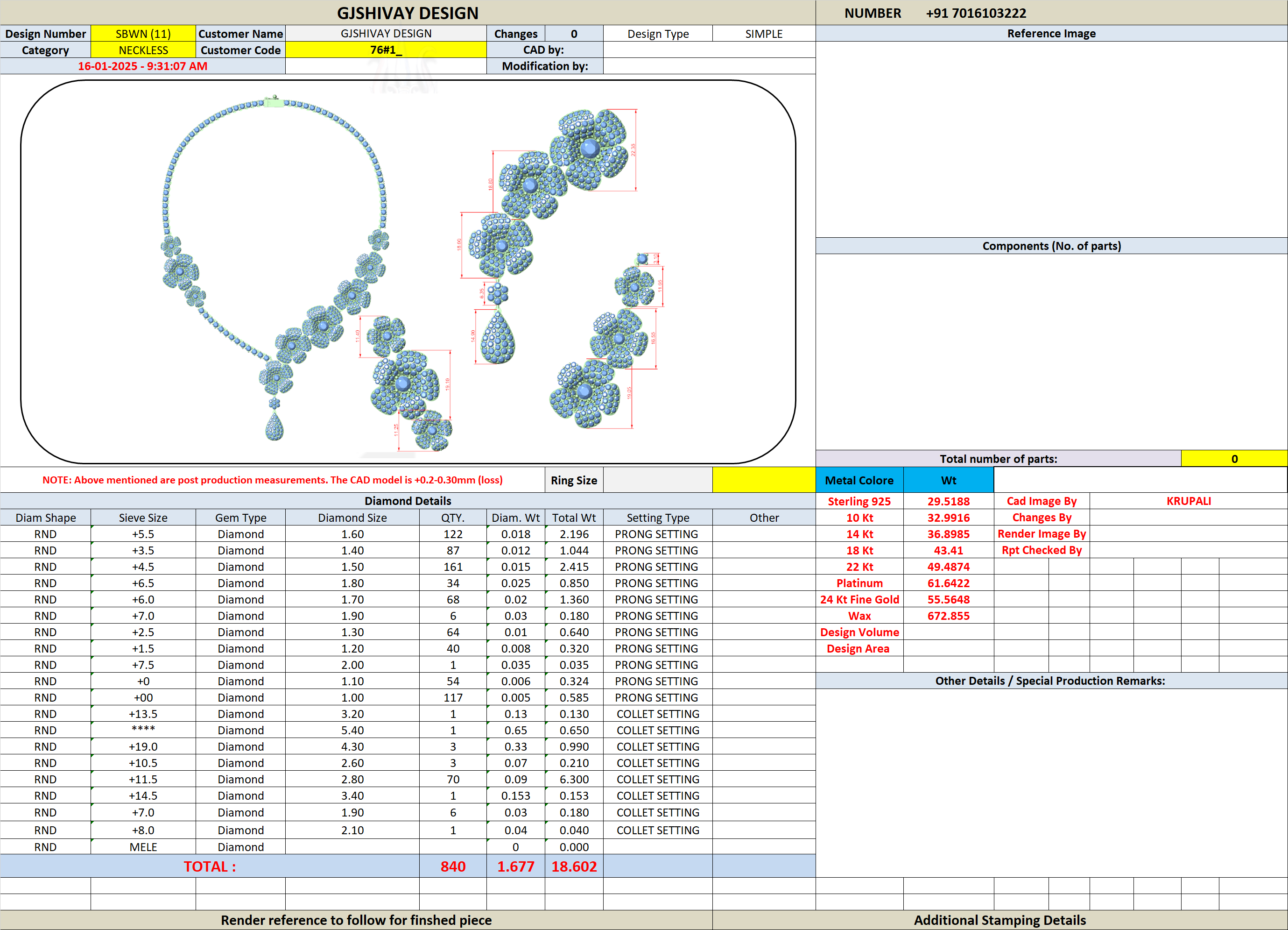 Necklace design layout sheet with diamond components and dimensions table