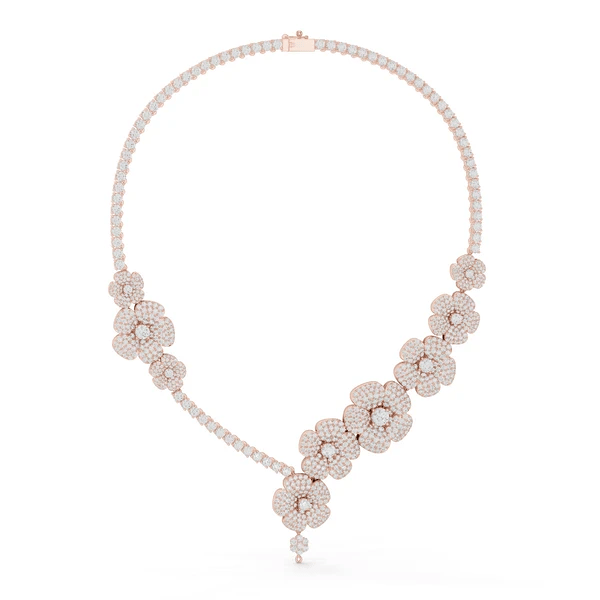 Diamond floral drop necklace with round clustered stones, rose gold tone