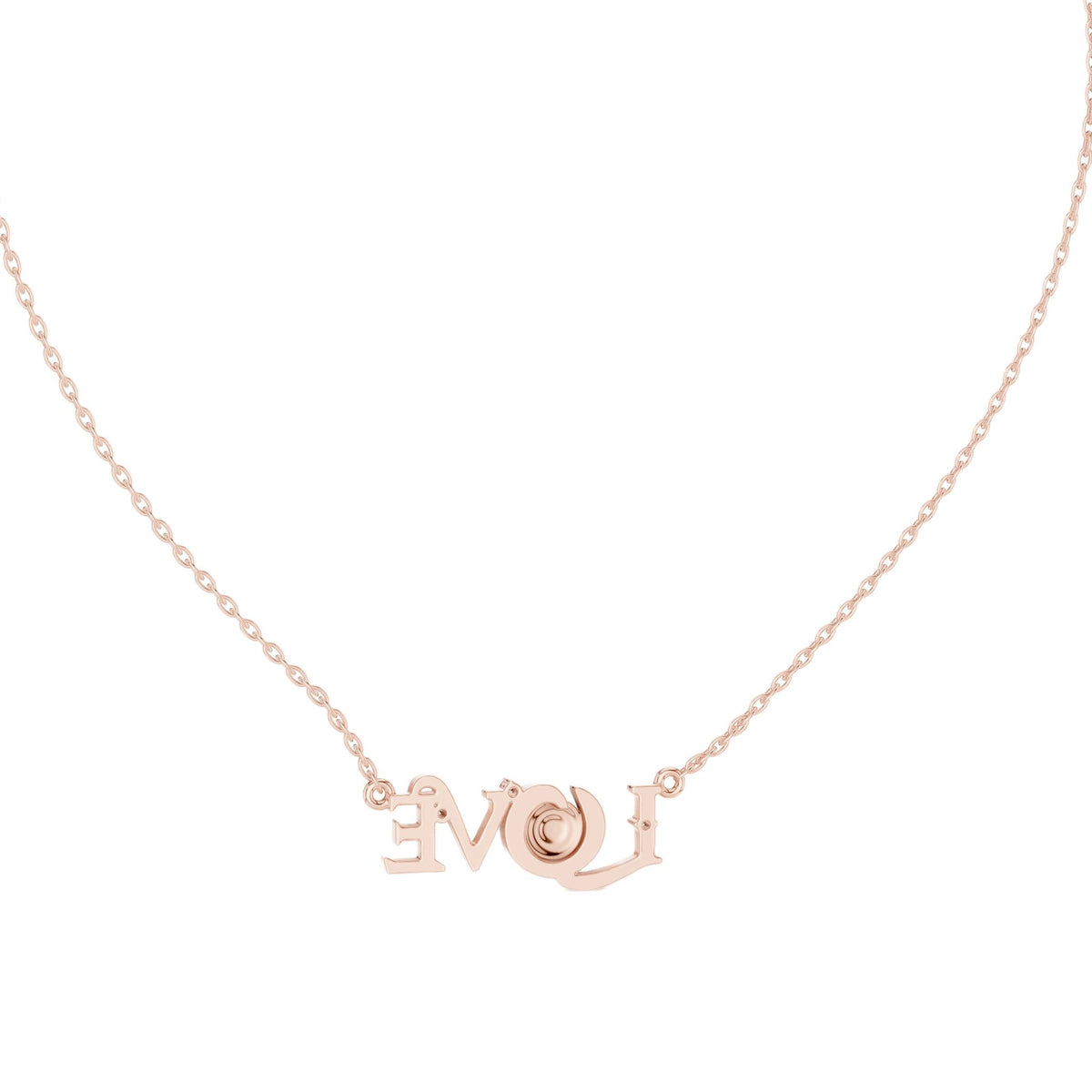 Rose gold script LOVE necklace with round center stone and diamond accents