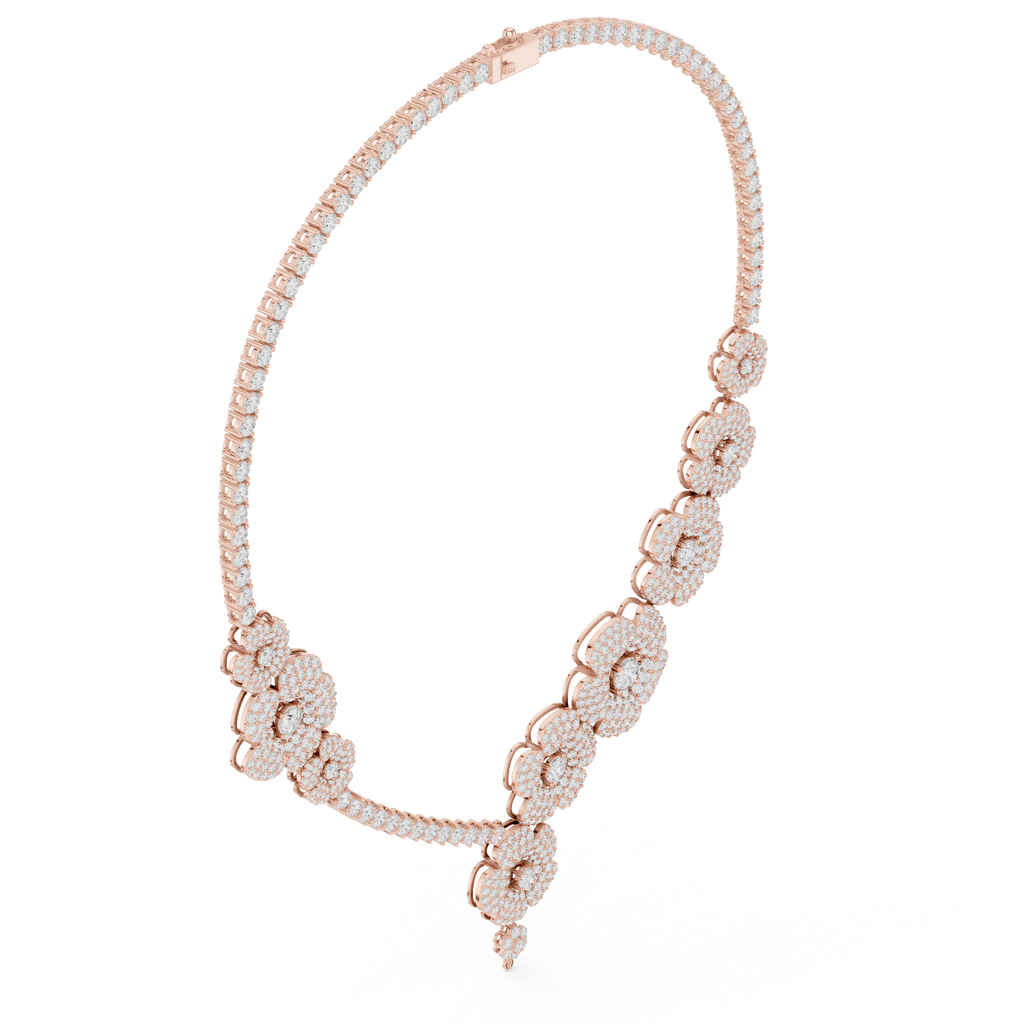 Rose gold diamond floral drop necklace with clustered round pavé flower motifs