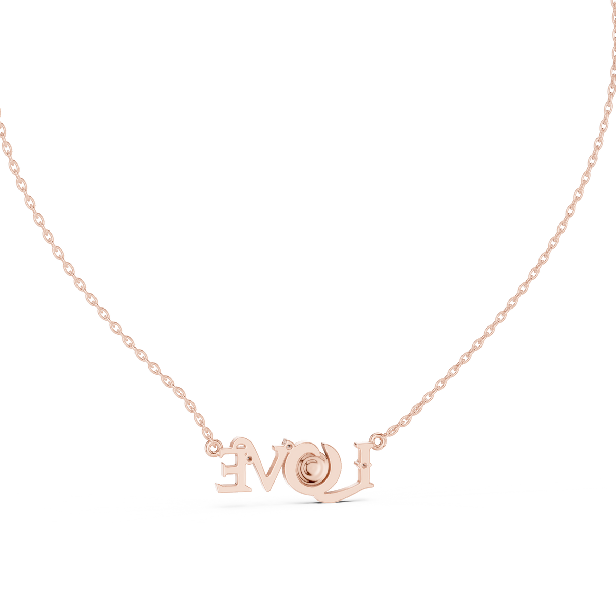 Rose gold script LOVE necklace with round center stone and diamond accents