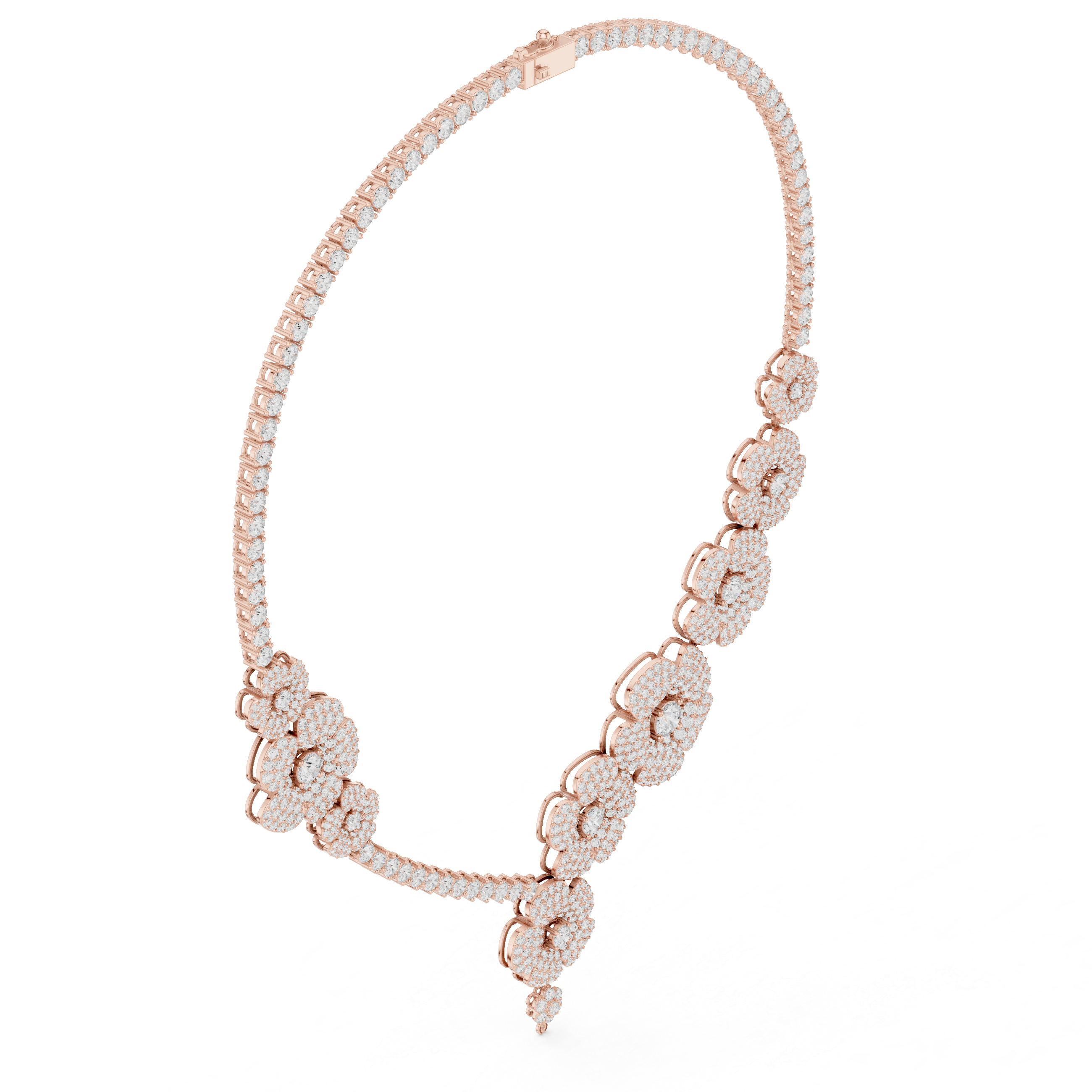 Rose gold diamond floral drop necklace with clustered round pavé flower motifs