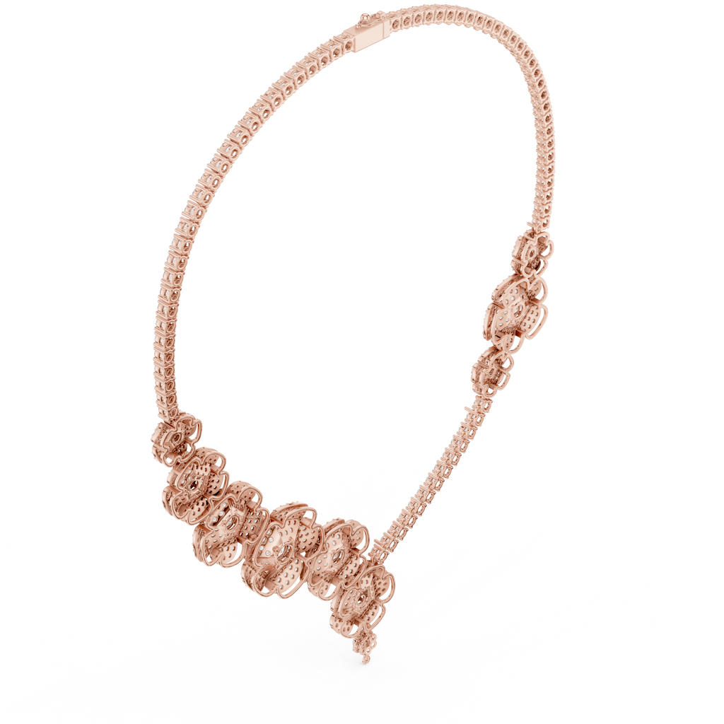 Rose gold diamond floral drop necklace with clustered round pavé flower links