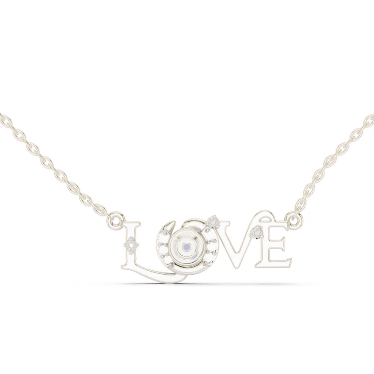 White gold script diamond accent pendant necklace with round stones and oval links.