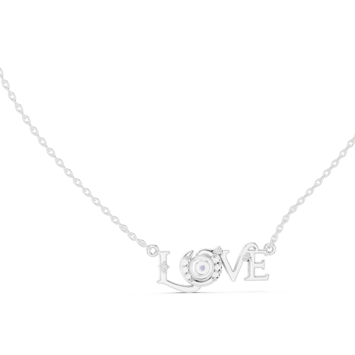 White gold script LOVE necklace with round center stone and diamond accents