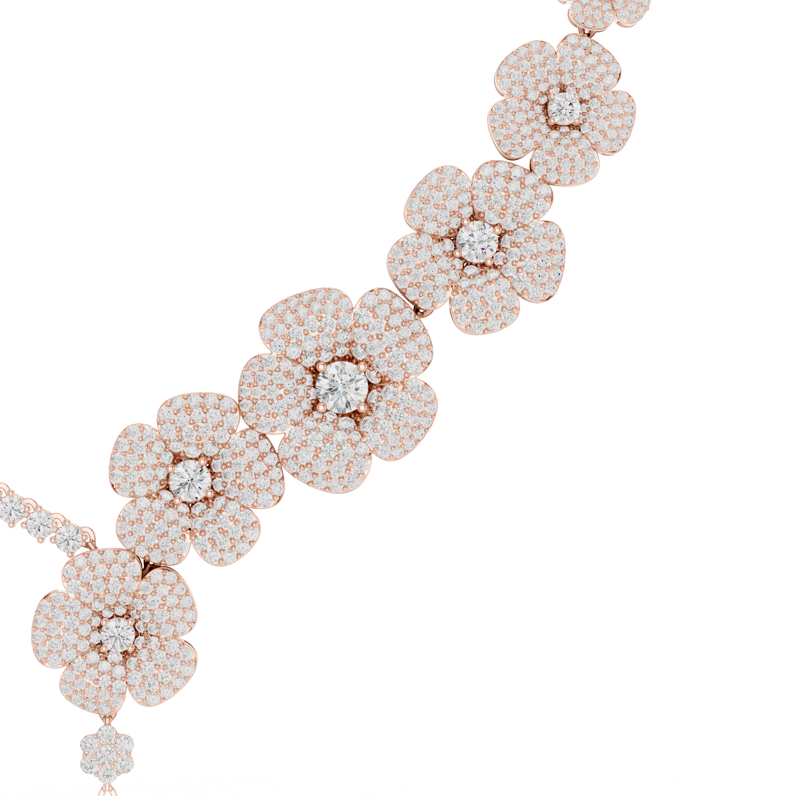 Diamond floral drop necklace with clustered round pavé flower motifs, rose gold