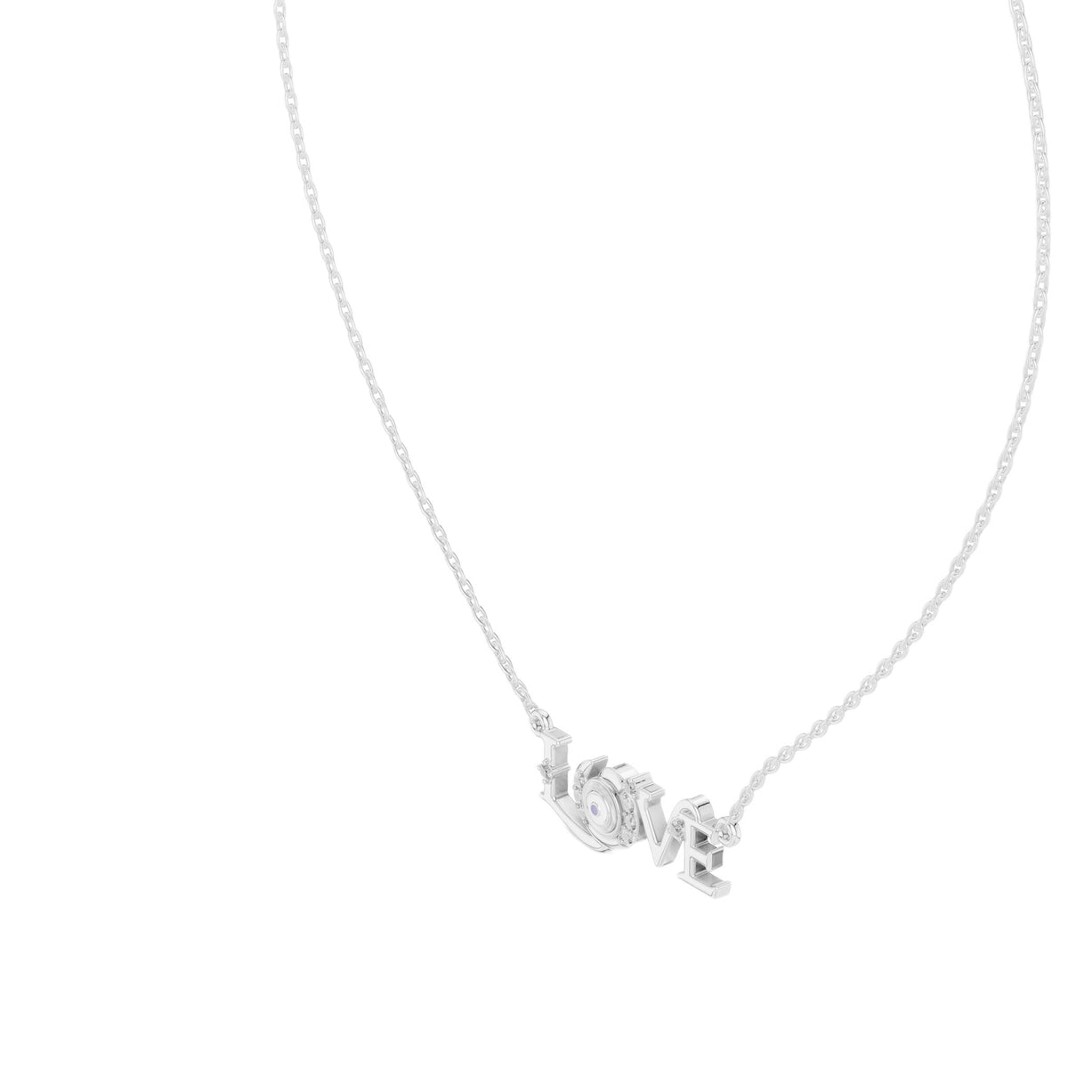 White gold script LOVE pendant with round center stone, angled view