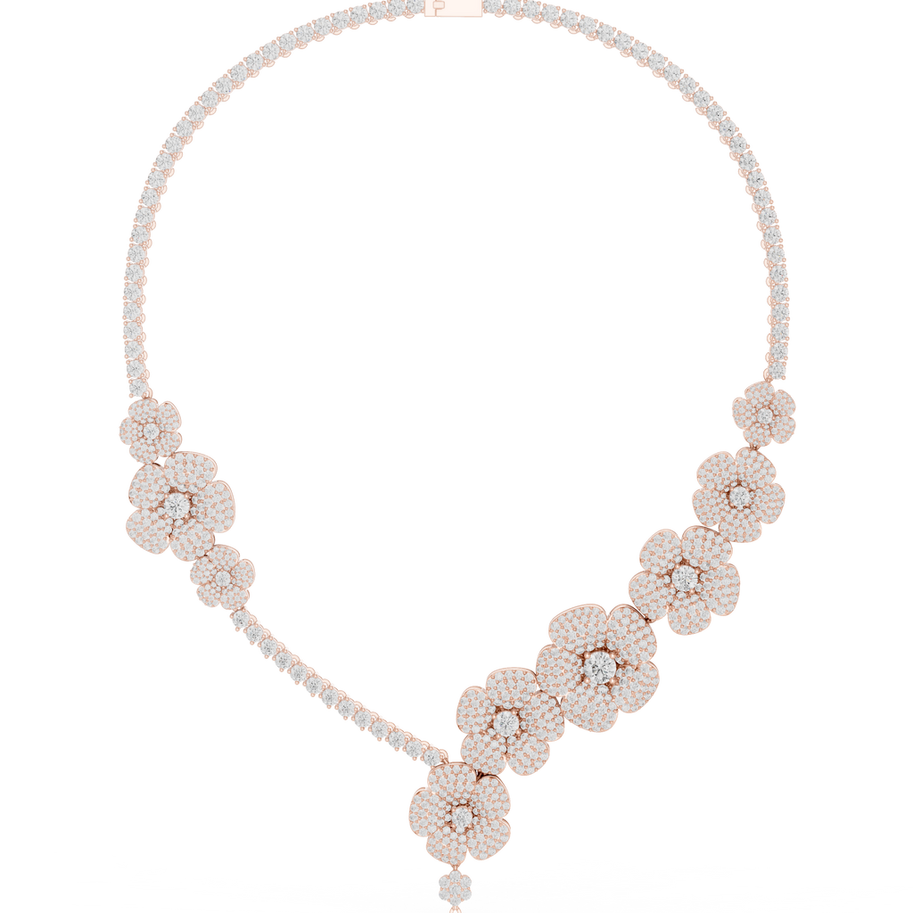 Rose gold diamond floral drop necklace with clustered round pavé flower motifs