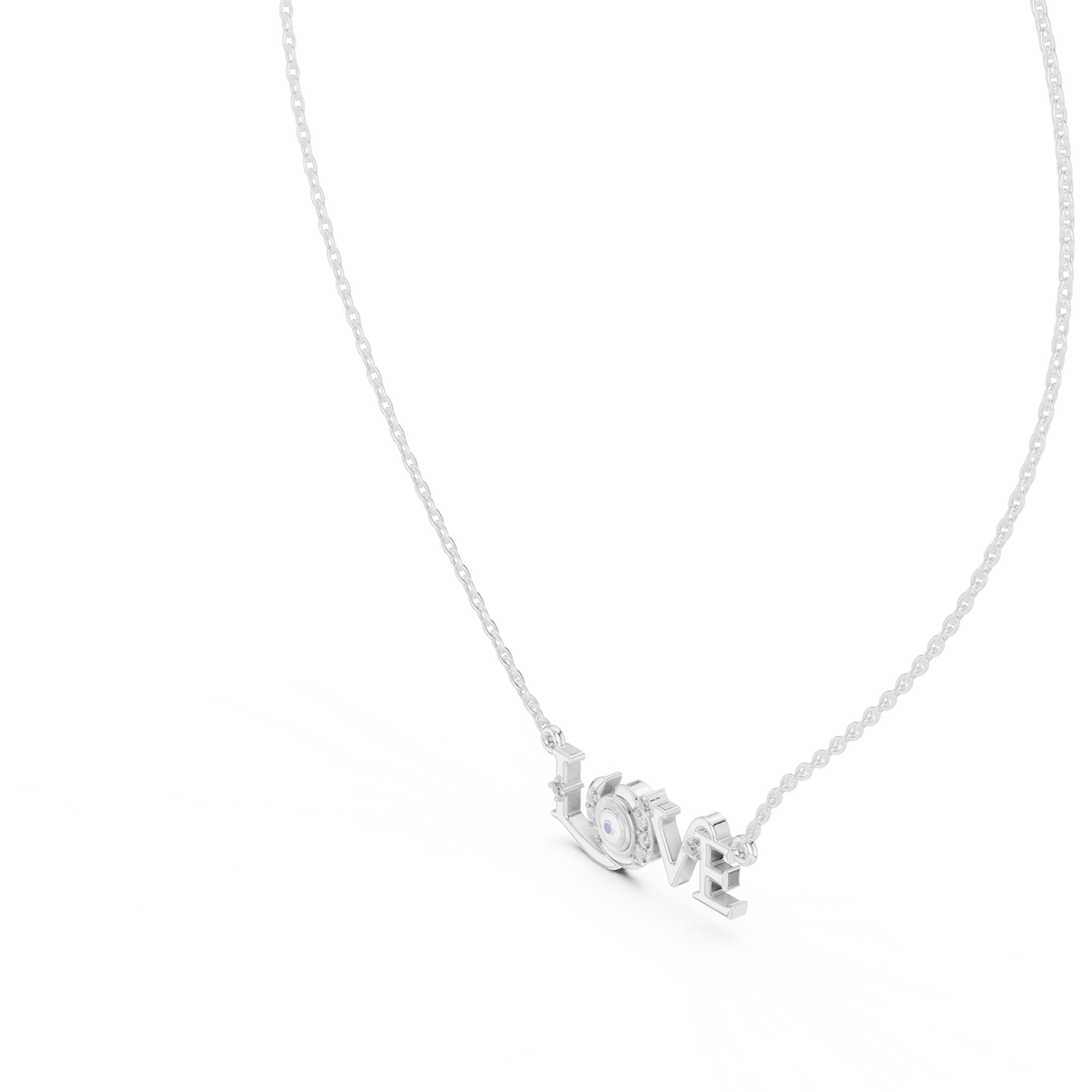 White gold script LOVE pendant with round center stone, angled view