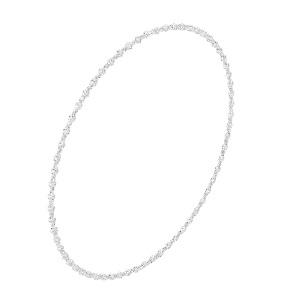 Round diamond tennis necklace, white metal full strand view.