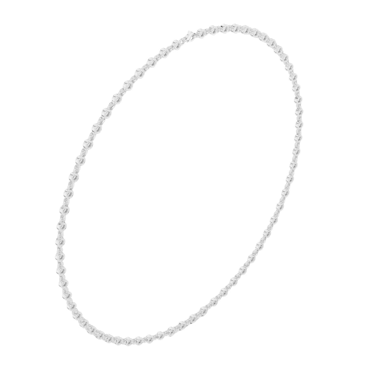 Round diamond tennis necklace, white metal close-up strand view.