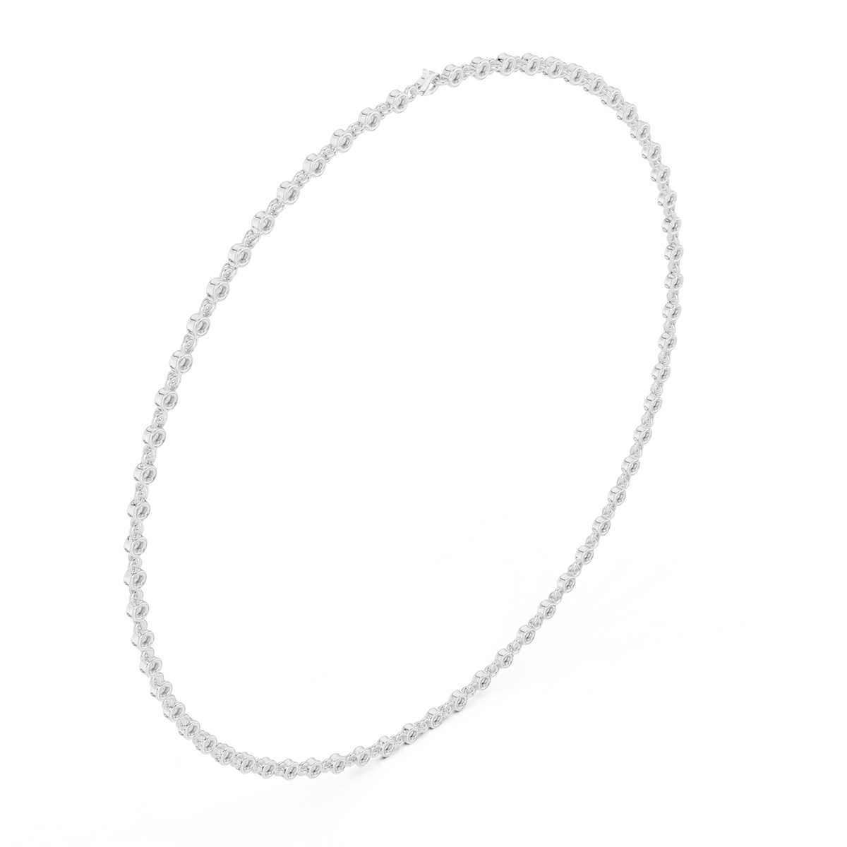 Round diamond tennis necklace, white metal close-up strand view.