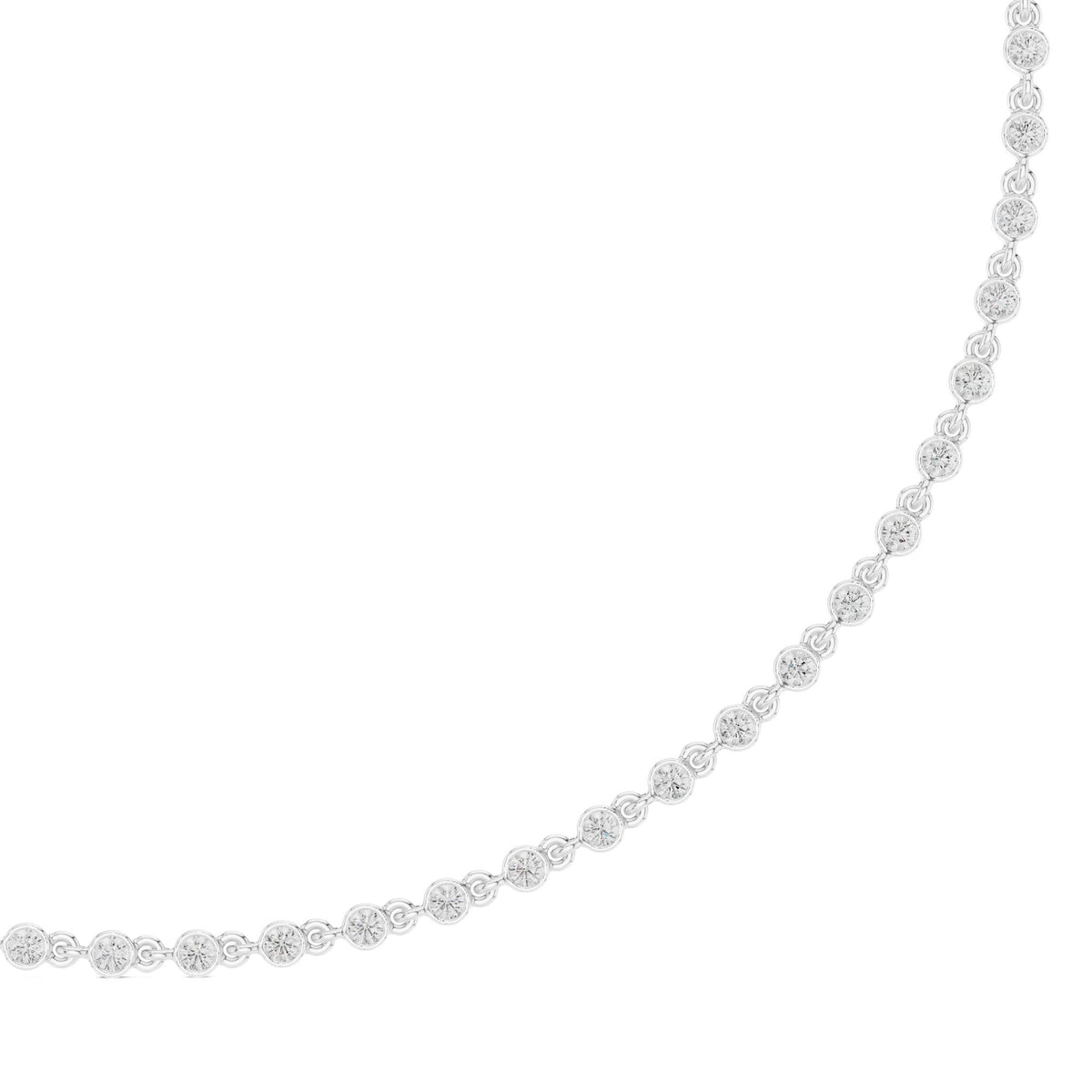 Round diamond tennis necklace, silver-tone side view with circular stones.