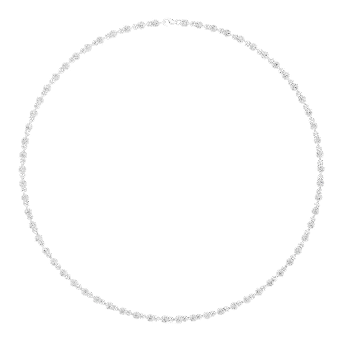 Round diamond tennis necklace, silver-tone full strand view.