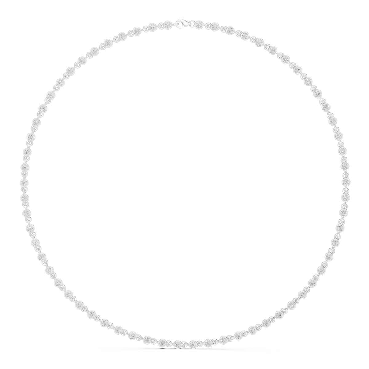 Round diamond tennis necklace, silver-tone full strand view.