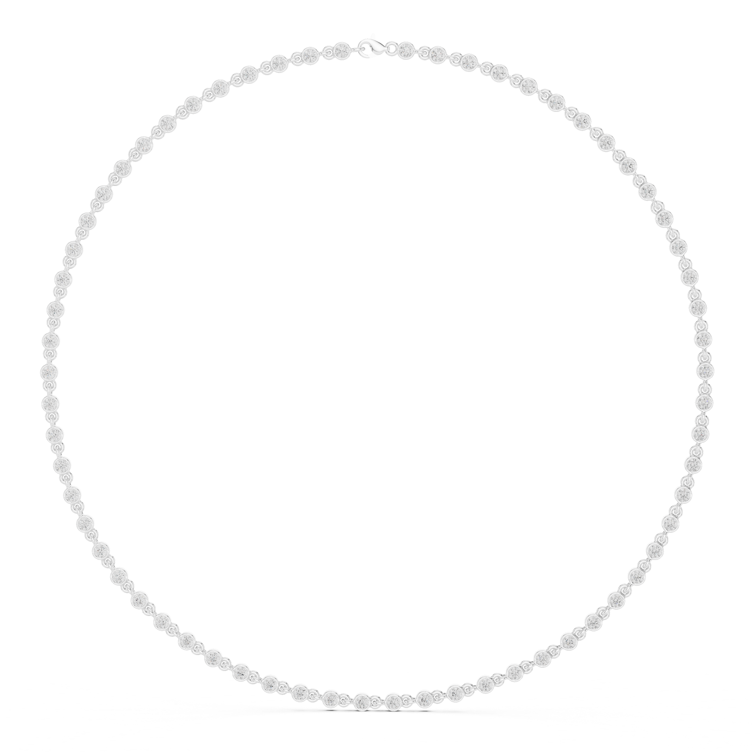 Round-cut diamond tennis necklace with tightly set stones on a continuous chain.