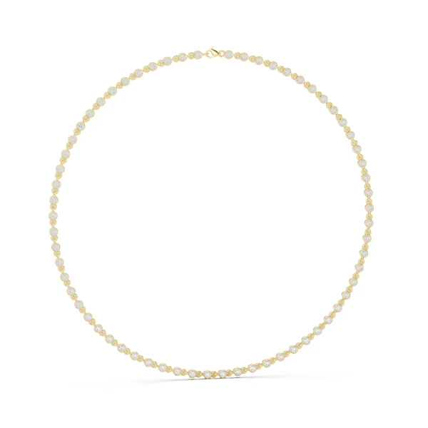 Yellow-toned round-cut diamond tennis necklace with small closely set round stones.