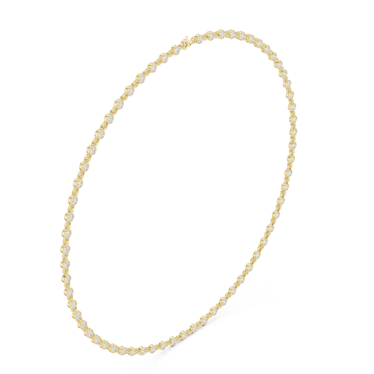 Yellow gold round-cut diamond necklace with round stones along slender chain.