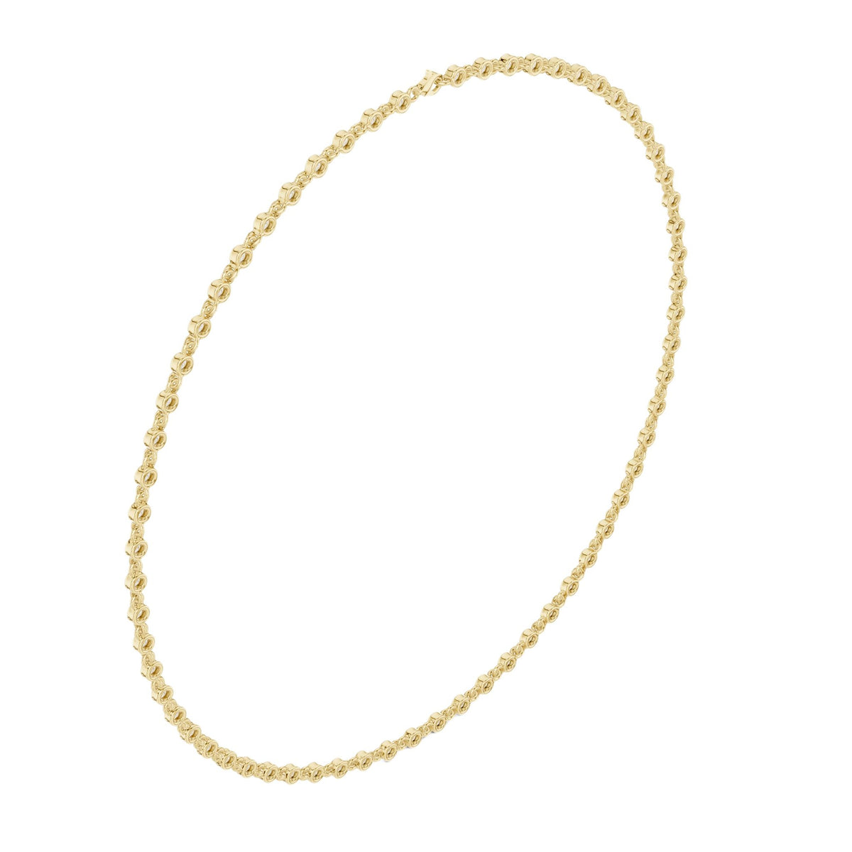 Yellow gold round-cut diamond necklace with round bezel-set stones on chain.