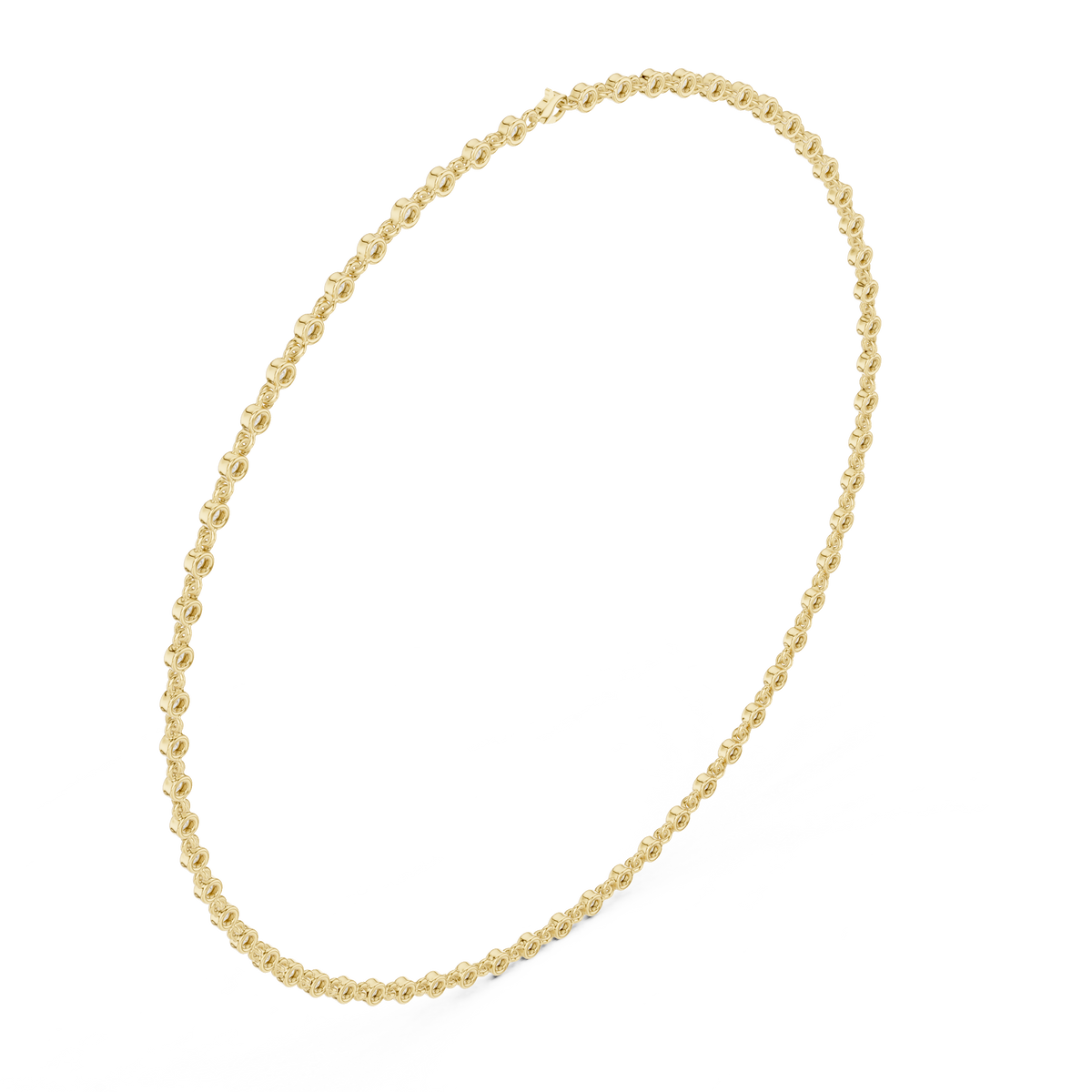 Yellow gold round-cut diamond necklace with round bezel-set stones on chain.