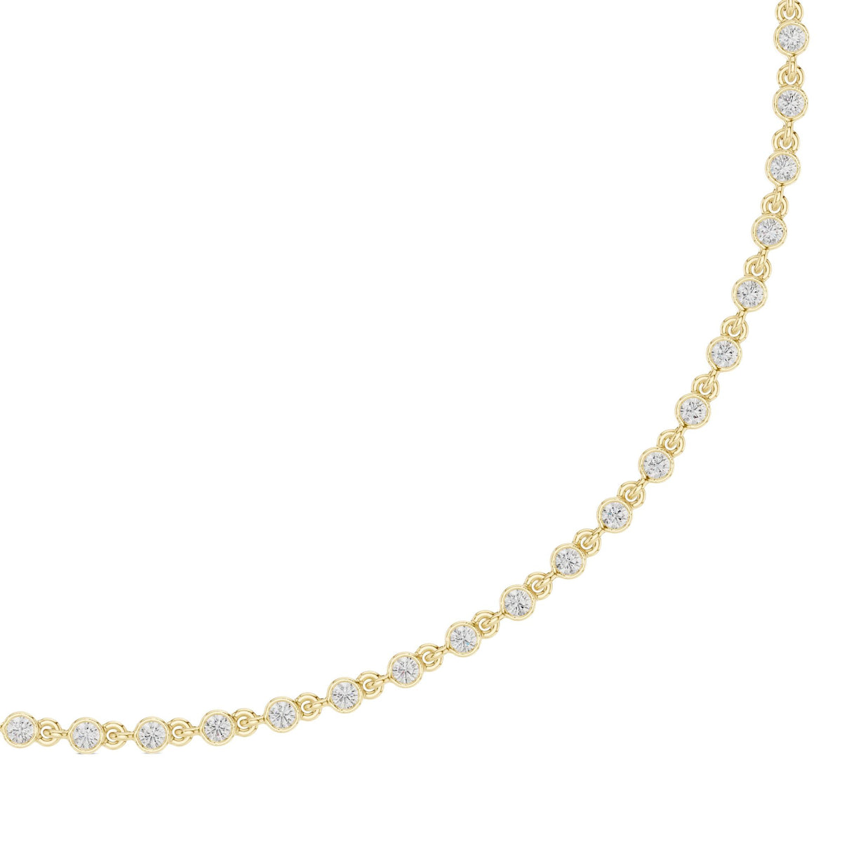 Round diamond tennis necklace, yellow-gold tone side view with circular stones.