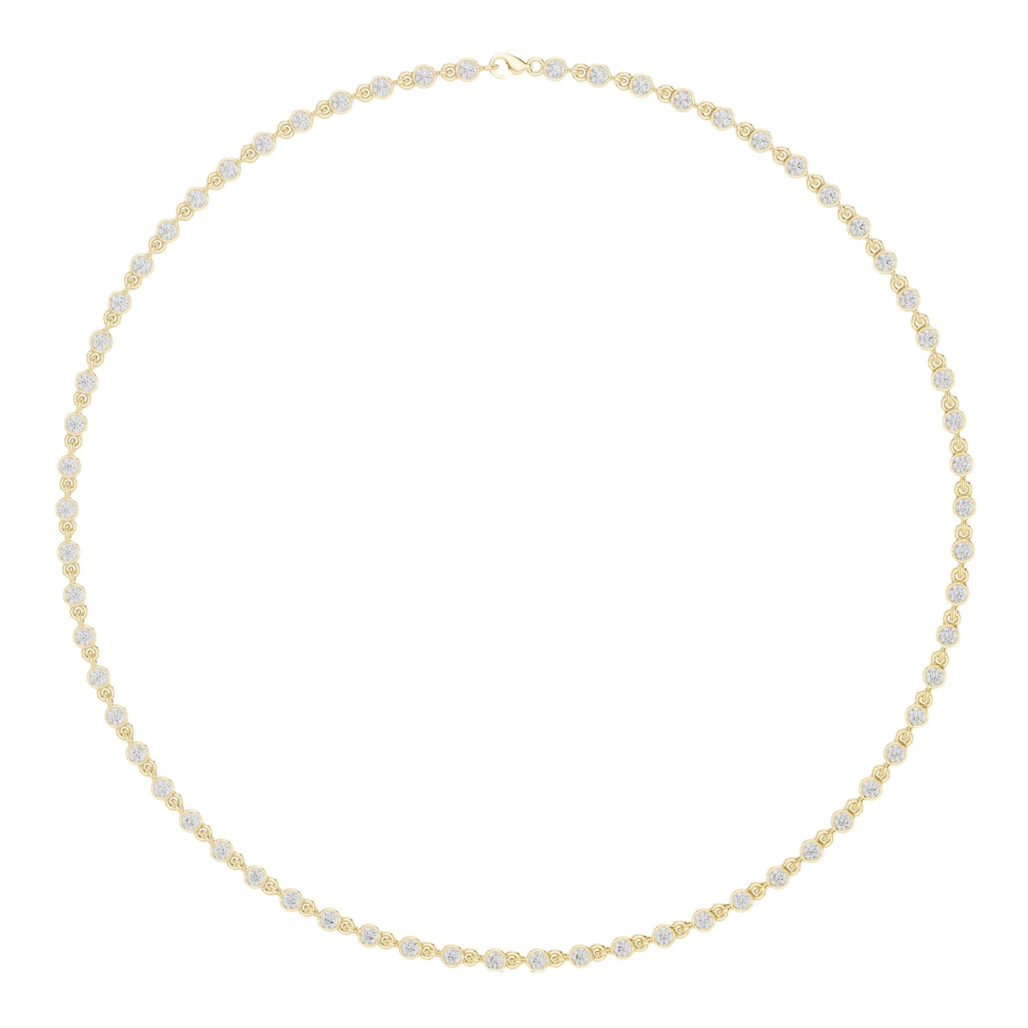 Yellow gold round-cut diamond necklace with evenly spaced round stones.