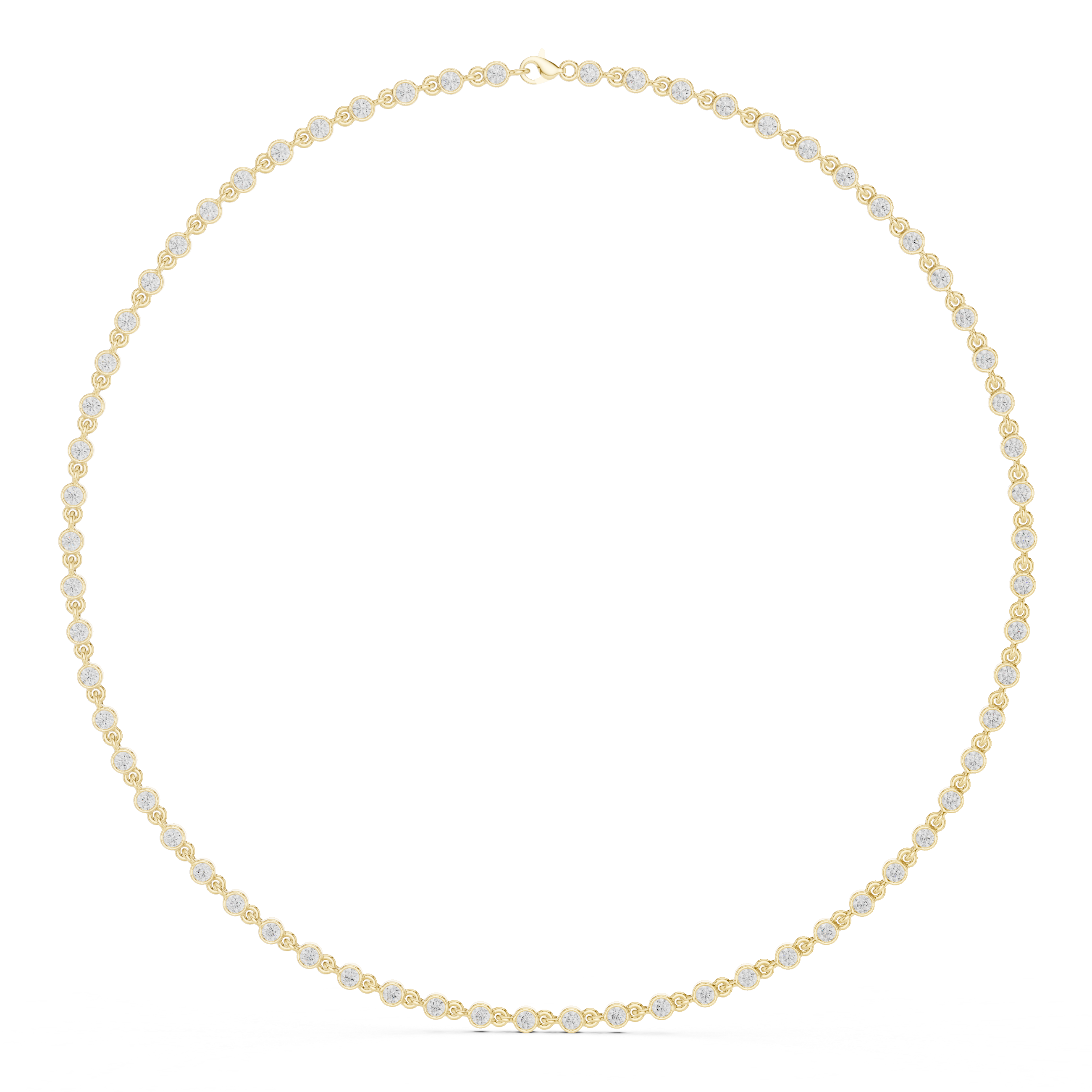Yellow gold round-cut diamond necklace with evenly spaced round stones.