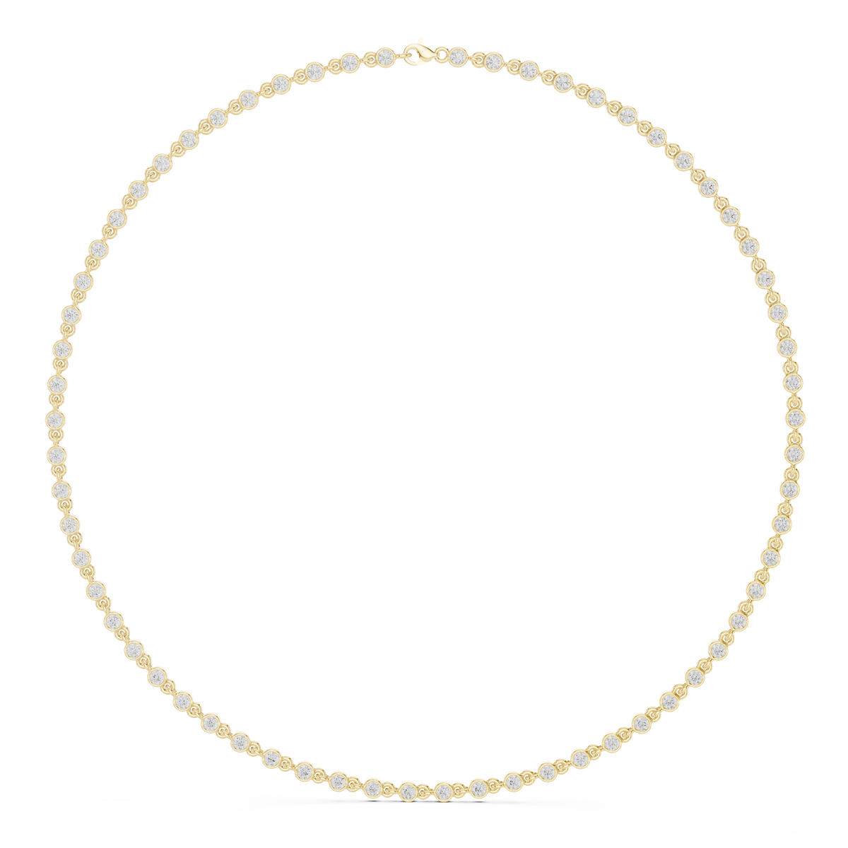 Yellow gold round-cut diamond necklace with evenly spaced round stones.