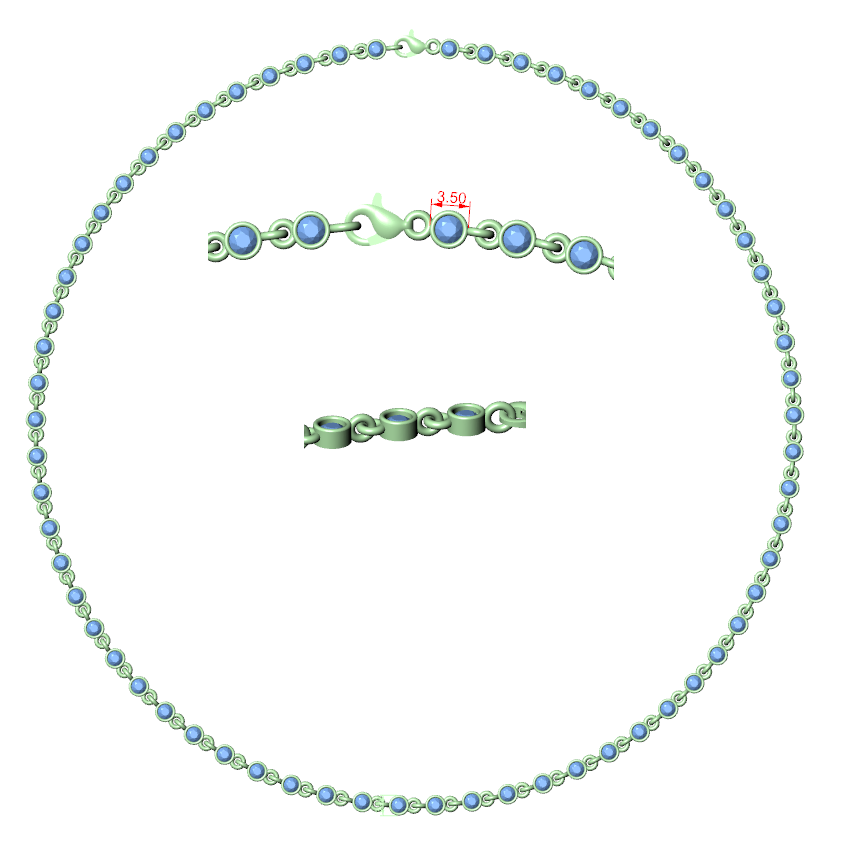 Round-cut diamond necklace rendering with small round stones and central link details.