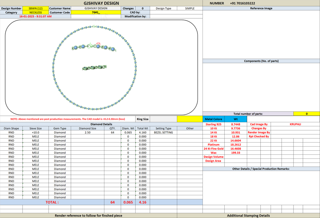 Round-cut diamond necklace design diagram with linked round stones along the chain.
