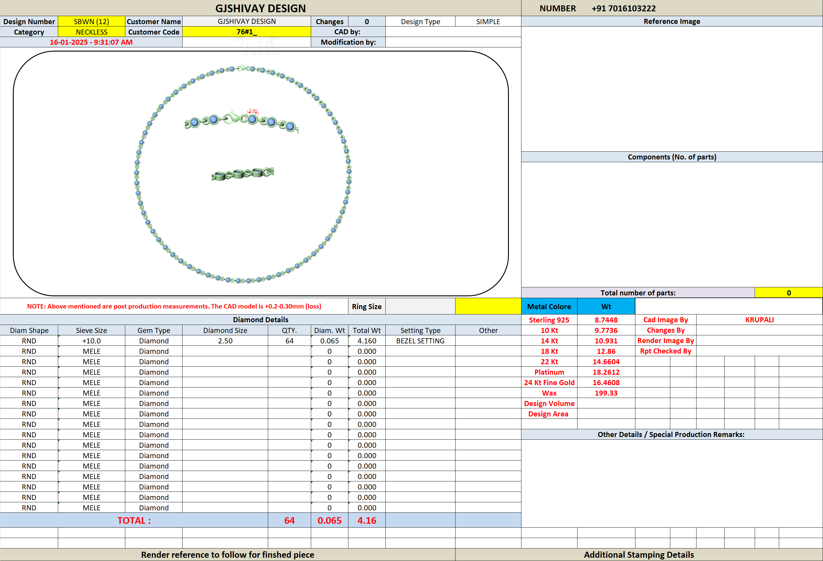Round-cut diamond necklace design diagram with linked round stones along the chain.